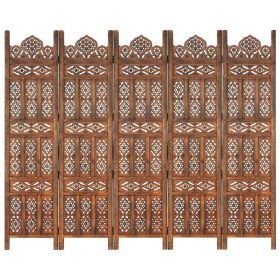 Hand carved 5-Panel Room Divider Brown 78.7"x65" Solid Mango Wood