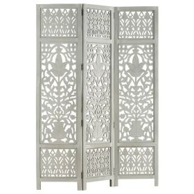 Hand Carved 3-Panel Room Divider Gray 47.2"x65" Solid Mango Wood