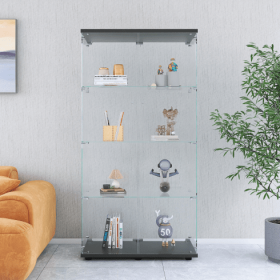 Two-door Glass Dispiay Cabinet 4 Shelves With Door,Floor Standing Curio Bookshelf For Living Room Bedroom Office,64.7 X31.7X 14.3,Black (Color: Black)