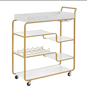 6-Tier Bar Cart, Slide Bar Serving Cart, Retro Style Wine Cart For Kitchen, Beverage Cart With Wine Rack And Glass Holder, Rolling Drink Trolley For L (Color: Gold)