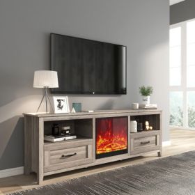 70.08 Inch Length TV Stand For Living Room And Bedroom, With 2 Drawers And 4 High-Capacity Storage Compartment, Grey Walnut Uitable For Fireplace (Color: Grey)