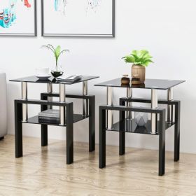 Set Of 2, Modern Tempered Glass Tea Table Coffee Table End Table, Square Table For Living Room, Black (Color: Black)