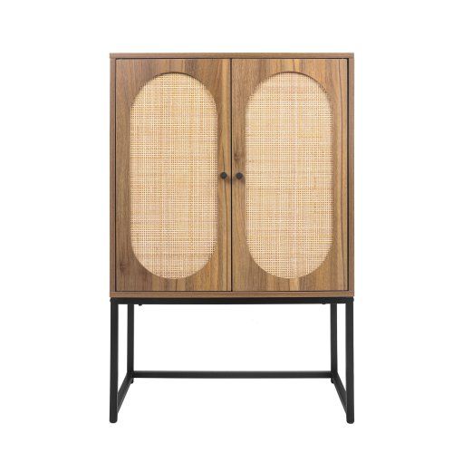 Natural Rattan 2 Doors With Built-in Adjustable Shelves, Easy To Assemble, Separate Cabinet For Living Room And Bedroom