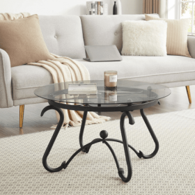 2 Piece Tempered Glass Surface Coffee Table Set, Decor Coffee Table Round End Side Table With Sturdy Construction For Living Room (Color: Black)