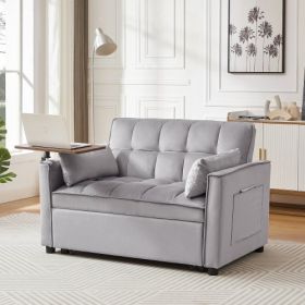 Velvet Loveseat Sleeper Sofa Bed With Side Table (Color: Grey)