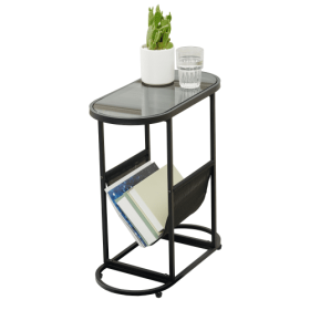 Glass Oval Small Side Tables Living Room Small Space With Magazines Organizer Storage Space (Color: Black)