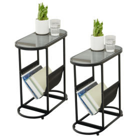 Glass Oval Small Side Tables Living Room Small Space With Magazines Organizer Storage Space Set Of 2 (Color: Black)