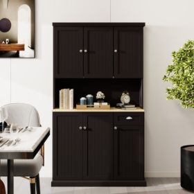 Kitchen Pantry Storage Cupboard With Microwave Countertop, Freestanding Cabinet With Adjustable Shelves, 6 Doors And 1 Drawer - Black (Color: Black)