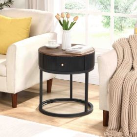 Round Bedside Table With Drawers (Color: Black)