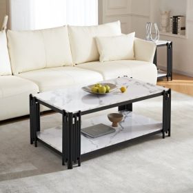 2-story Imitation Marble Patterned Coffee Table With Storage Rack (Color: Black)