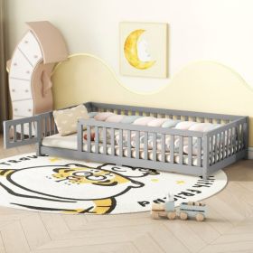 Twin Size Bed Floor Bed With Safety Guardrails And Door For Kids, Gray (Option: Gray)