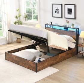 Lift-up Storage Bed Frame, Full Size Bed Frame With Bookcase Headboard & LED Lights, Wooden Platform Bed Frame With Charging Station, No Spring Box Ne (Option: Rustic Brown)