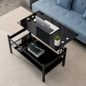 Glass Lift Top Coffee Table, Modern Simple 2-Layer Tempered Glass Coffee Table For Living Room, Black (Color: Black)