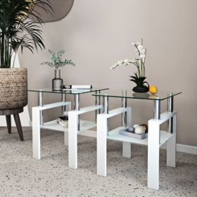 Set Of 2, Modern Tempered Glass Tea Table Coffee Table End Table, Square Table For Living Room, Transparent White (Color: White)