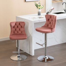 Swivel Velvet Barstools Adjusatble Seat Height From 25-33 Inch Pink,Set Of 2 (Color: Pink)