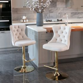 Golden Swivel Velvet Barstools Adjusatble Seat Height From 25-33 Inch Beige,Set Of 2 (Color: Beige)