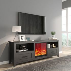 70.08 Inch Length Black TV Stand For Living Room And Bedroom, With 2 Drawers And 4 High-Capacity Storage Compartment,Suitable For Fireplace (Color: Black)